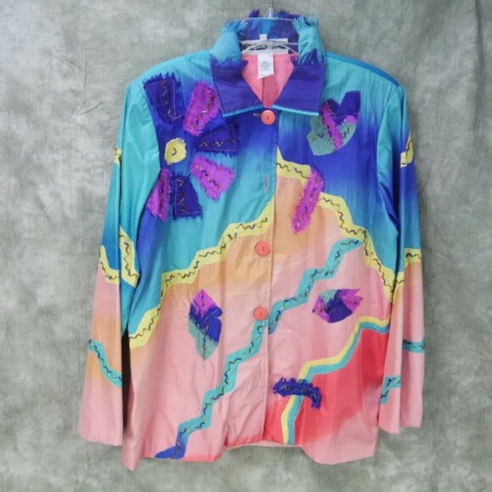 EUC Stephanie Thomas Patchwork Suit Jacket Vintage Beaded Silk Size 12 VTG s8725